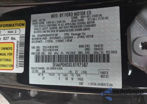 2020 Ford Fusion Se из США, поврежденный, VIN 3FA6P0HDXLR197587